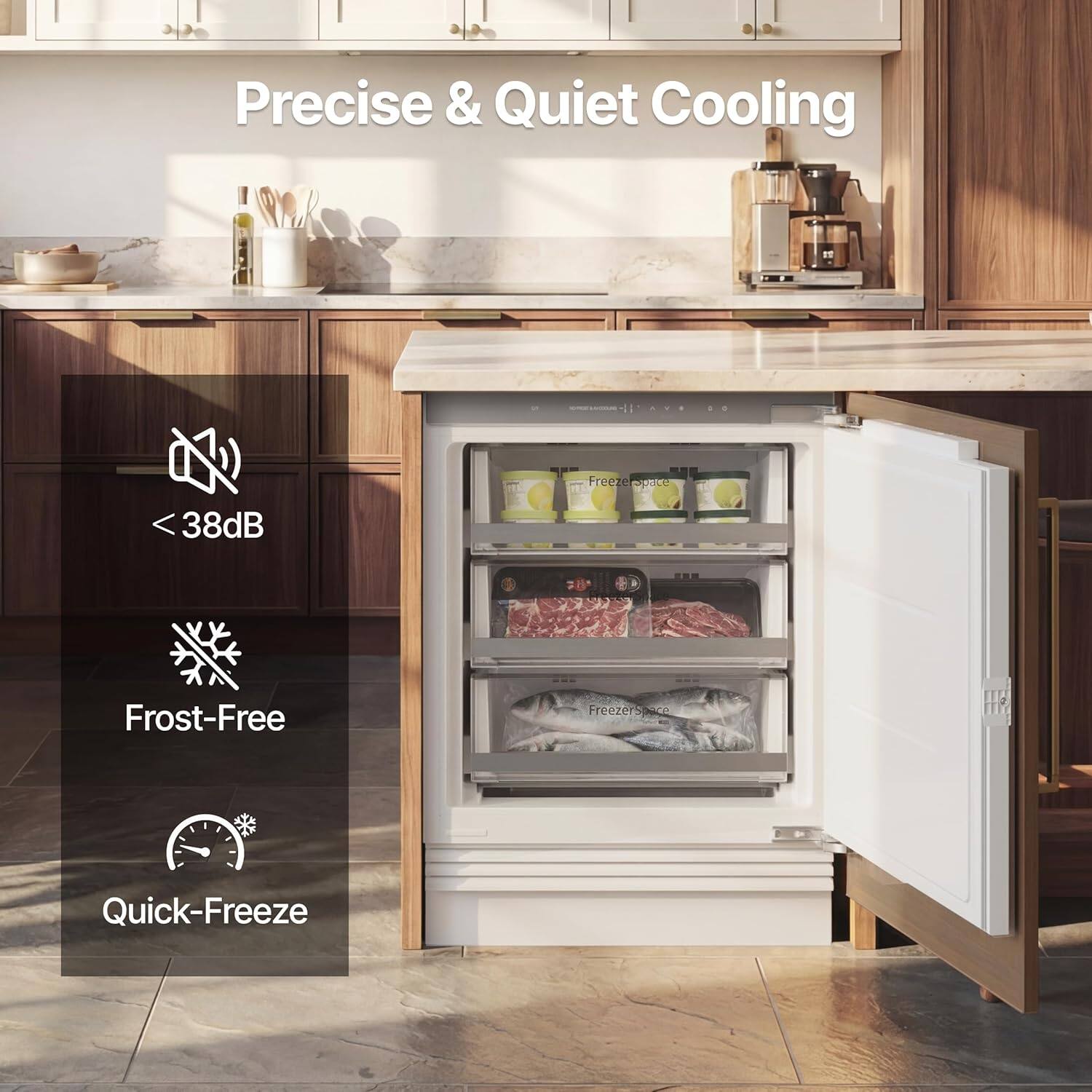 Precise & Quiet Cooling  
Freeze Ce 38dB  
Frost-Free Freezer  
Quick-Freeze