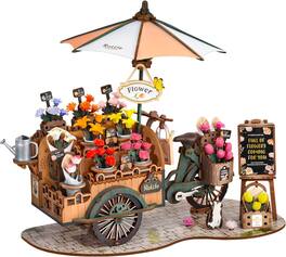 Robotime - Rolife Miniature 3D Wooden Flower Cart Puzzle for Adults, Model Building Kit, Collectible Handcraft Desk Decor - Brown