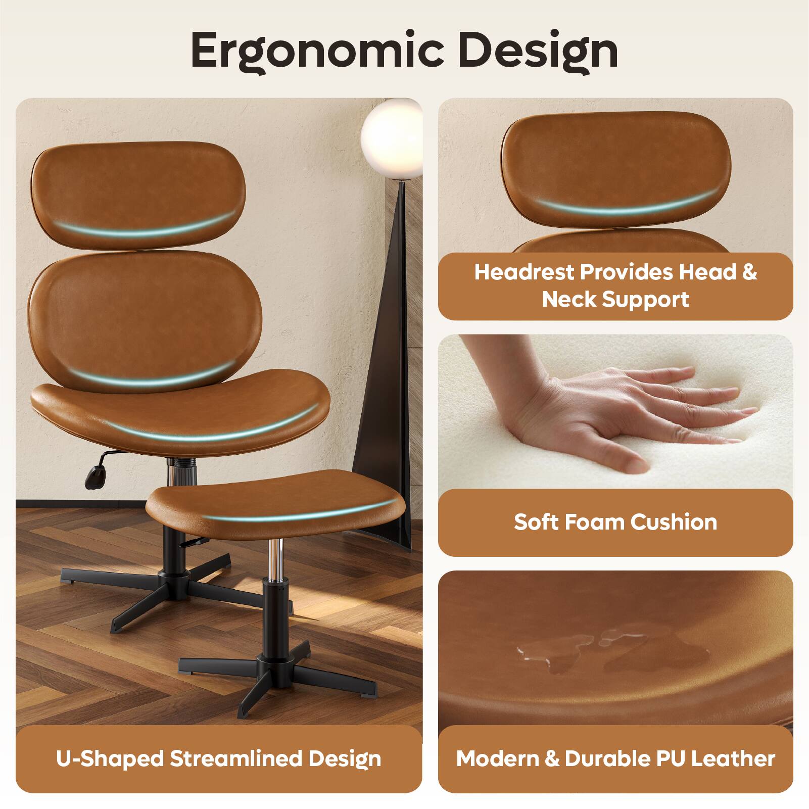 Ergonomic Design: Headrest Provides Head & Neck Support, Soft Foam Cushion, U-Shaped Streamlined Design, Modern & Durable PU Leather.