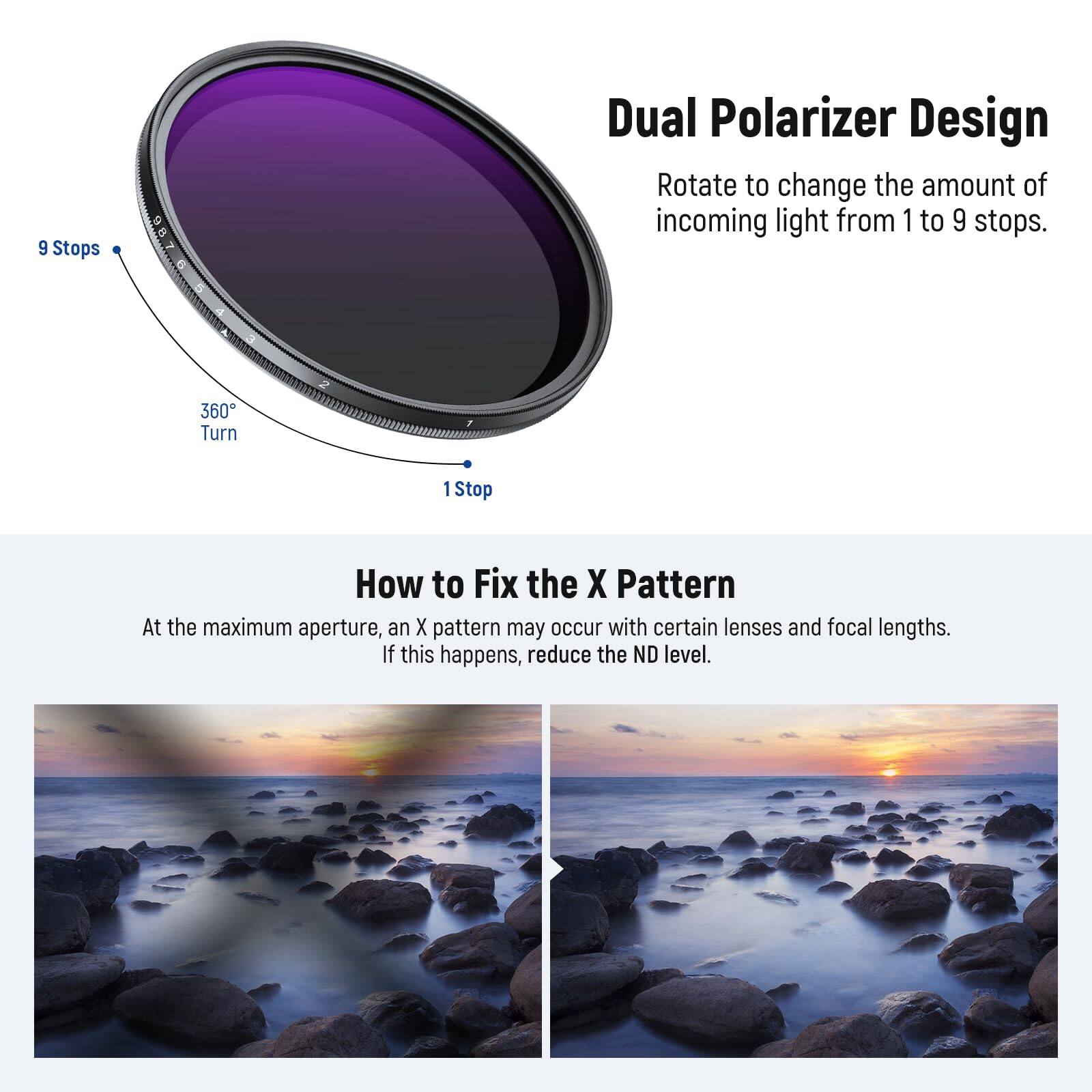 9 Stops. Dual Polarizer Design. Rotate to change the amount of incoming light from 1 to 9 stops. 360° Turn. 1 Stop.

How to Fix the X Pattern
At the maximum aperture, an X pattern may occur with certain lenses and focal lengths. If this happens, reduce the ND level.