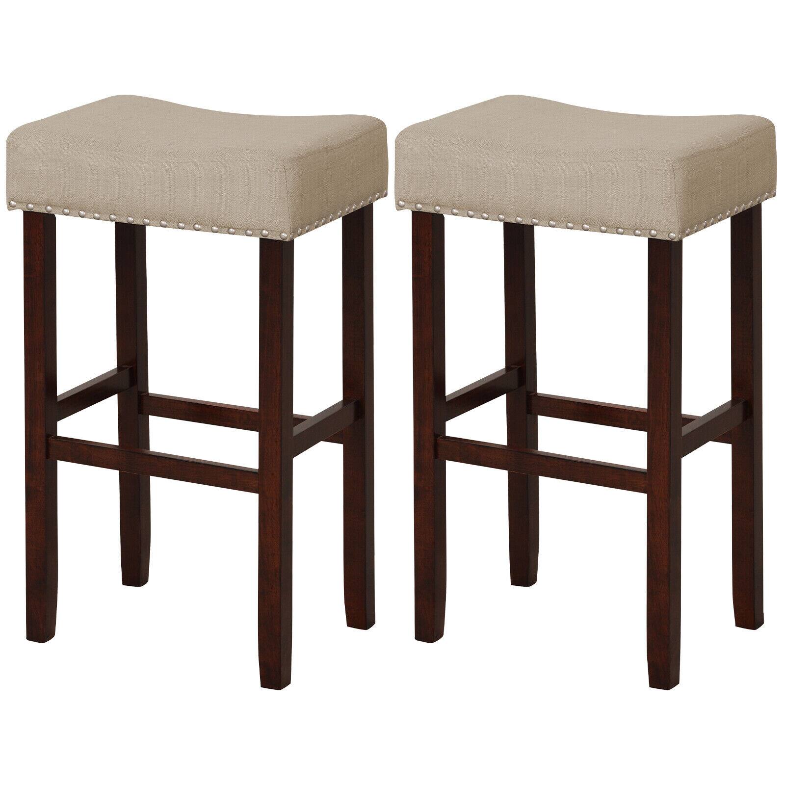 Ecooso - 2 Pieces 29 Inch Upholstered Bar Stools with Solid Wood Legs and Footrest for Kitchen Counter - Beige