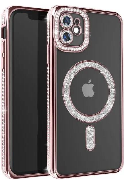 Entronix - Magnetic Case for iPhone 11 - Clear Back with Luxury Rhinestones - Rose