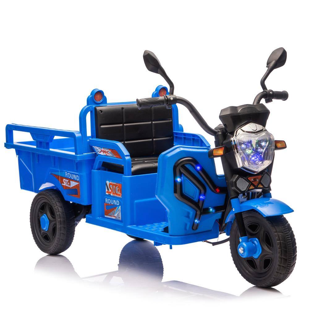 BreeBe - 12V Kids Electric 3-Wheel Cargo Truck, 2WD, Anti-Slip Wheels, LED Lights, Music, Large Storage, Wide Seat, Ages 3-6 - Blue