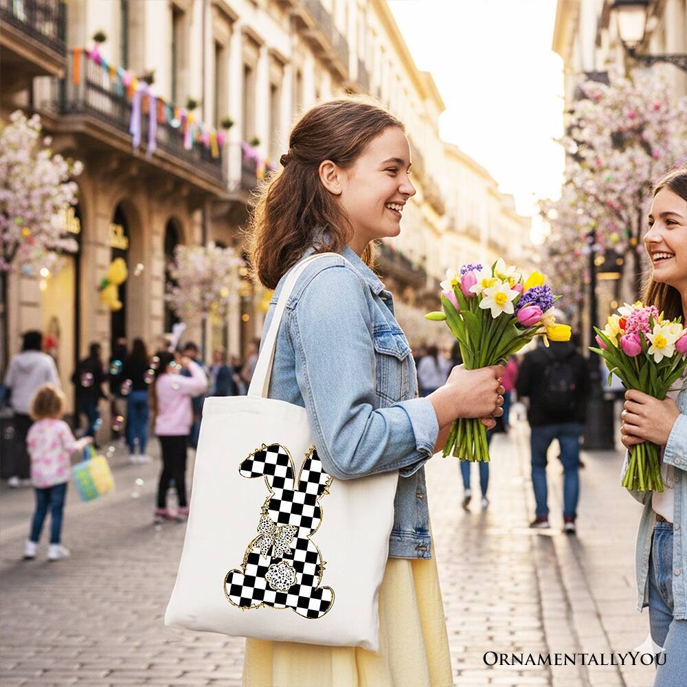 Left. OrnamentallyYou - Checkered Easter Bunny Coquette Tote Bag, Stylish Spring Gift Shopper - White.