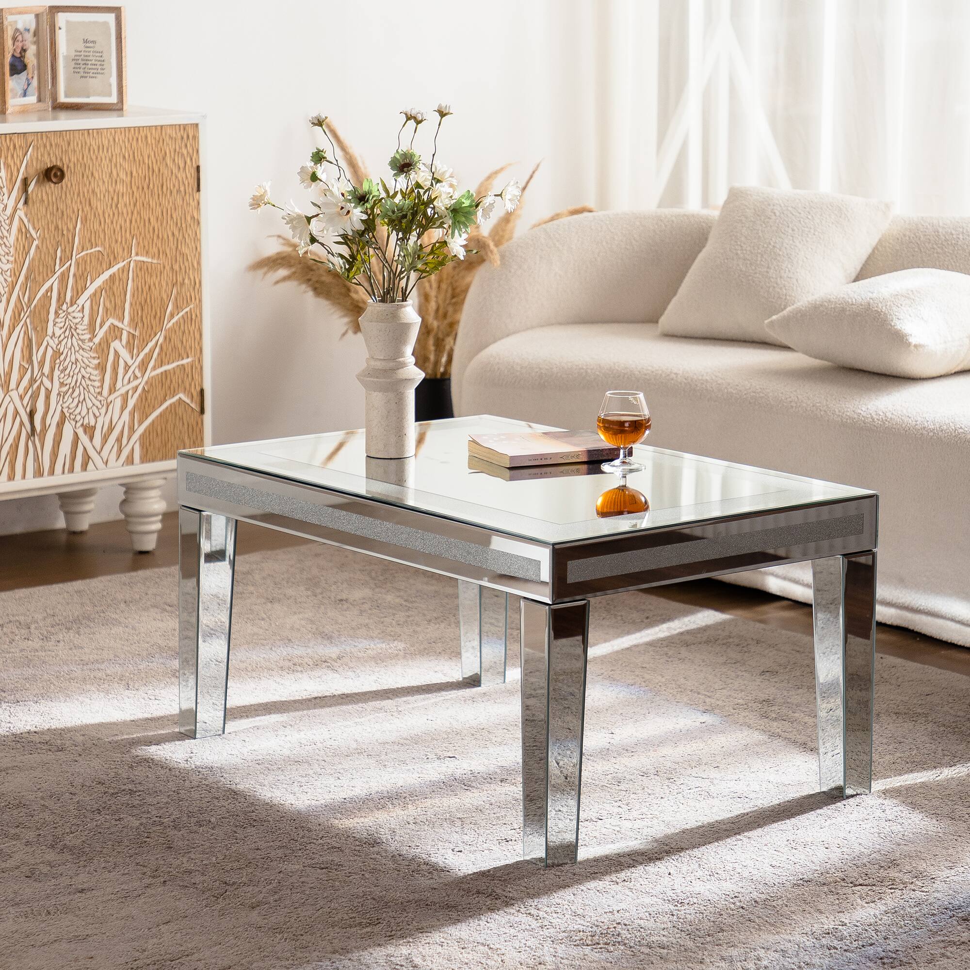Left. TinyHomie - Silver Coffee Tables for Living Room with Dazzling Crushed Crystal Border Clear Glass Rectangle Center Table.