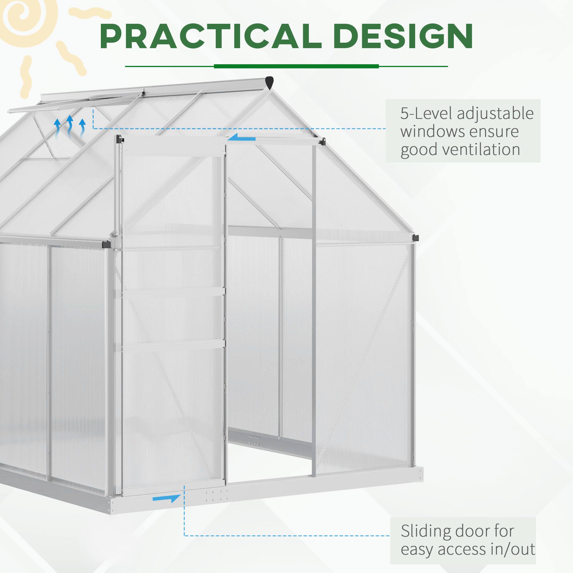PRACTICAL DESIGN

5-Level adjustable windows ensure good ventilation
Sliding door for easy access in/out