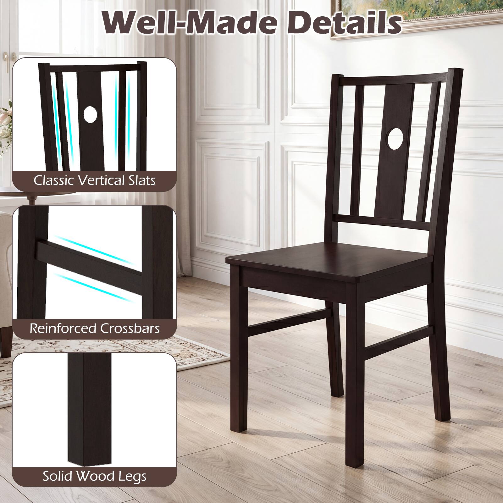 Well-Made Details  
Classic Vertical Slats  
Reinforced Crossbars  
Solid Wood Legs