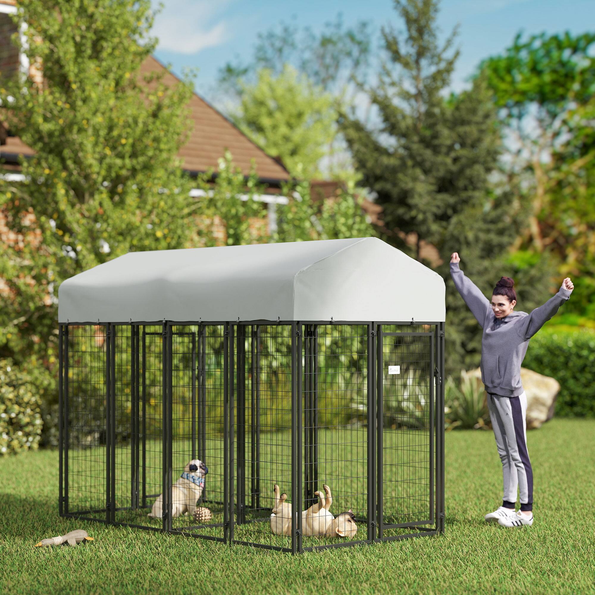 Angle. Pawhut - Dog Kennel with Two-Room Design, Water-Resistant & Sun-Proof Cover, for S, M, L Dogs - Silver.