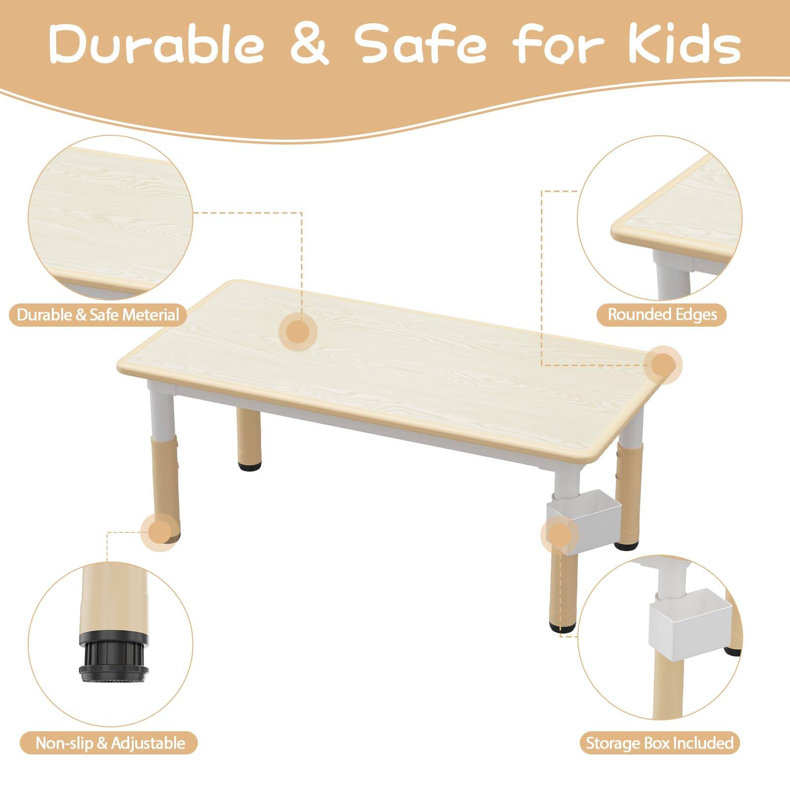 Durable & Safe for Kids  
- Durable & Safe Material  
- Rounded Edges  
- Non-slip & Adjustable  
- Storage Box Included