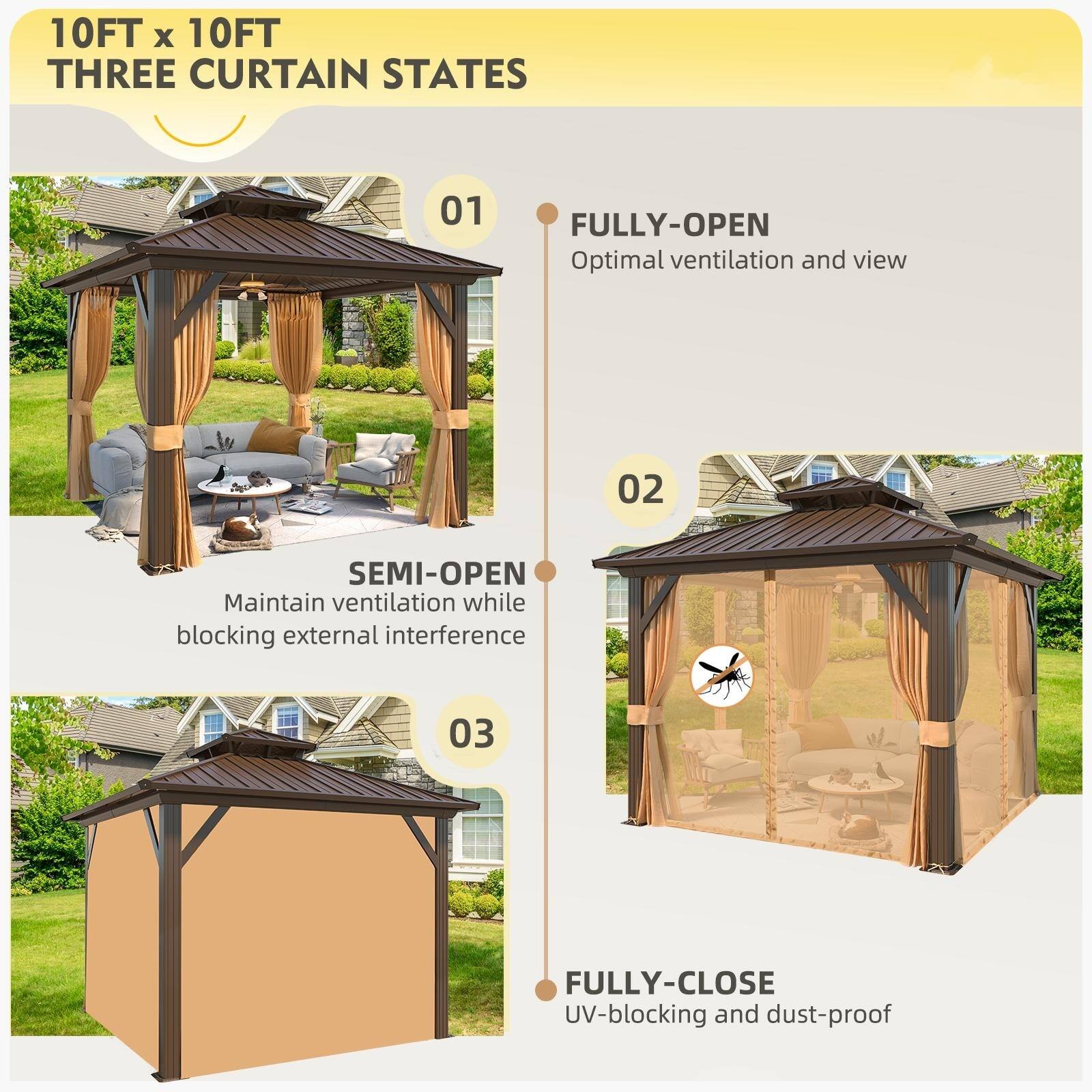 10FT x 10FT THREE CURTAIN STATES

01 FULLY-OPEN  
Optimal ventilation and view

02 SEMI-OPEN  
Maintain ventilation while blocking external interference

03 FULLY-CLOSE  
UV-blocking and dust-proof