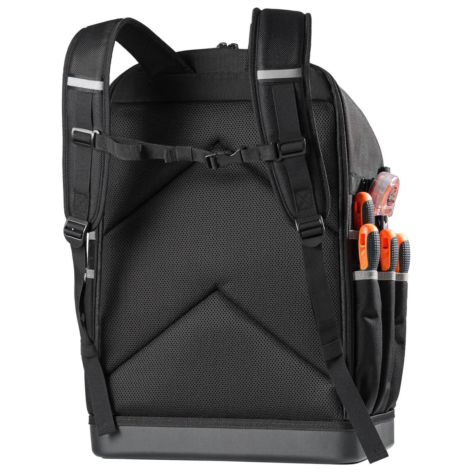 Alt View 5. VEVOR - Tool Backpack, 56 Pockets, Heavy-duty Tools Storage Organizer Bags with Molded Base, Electrician Jobsite Backpack - Black Gray & Black Orange.