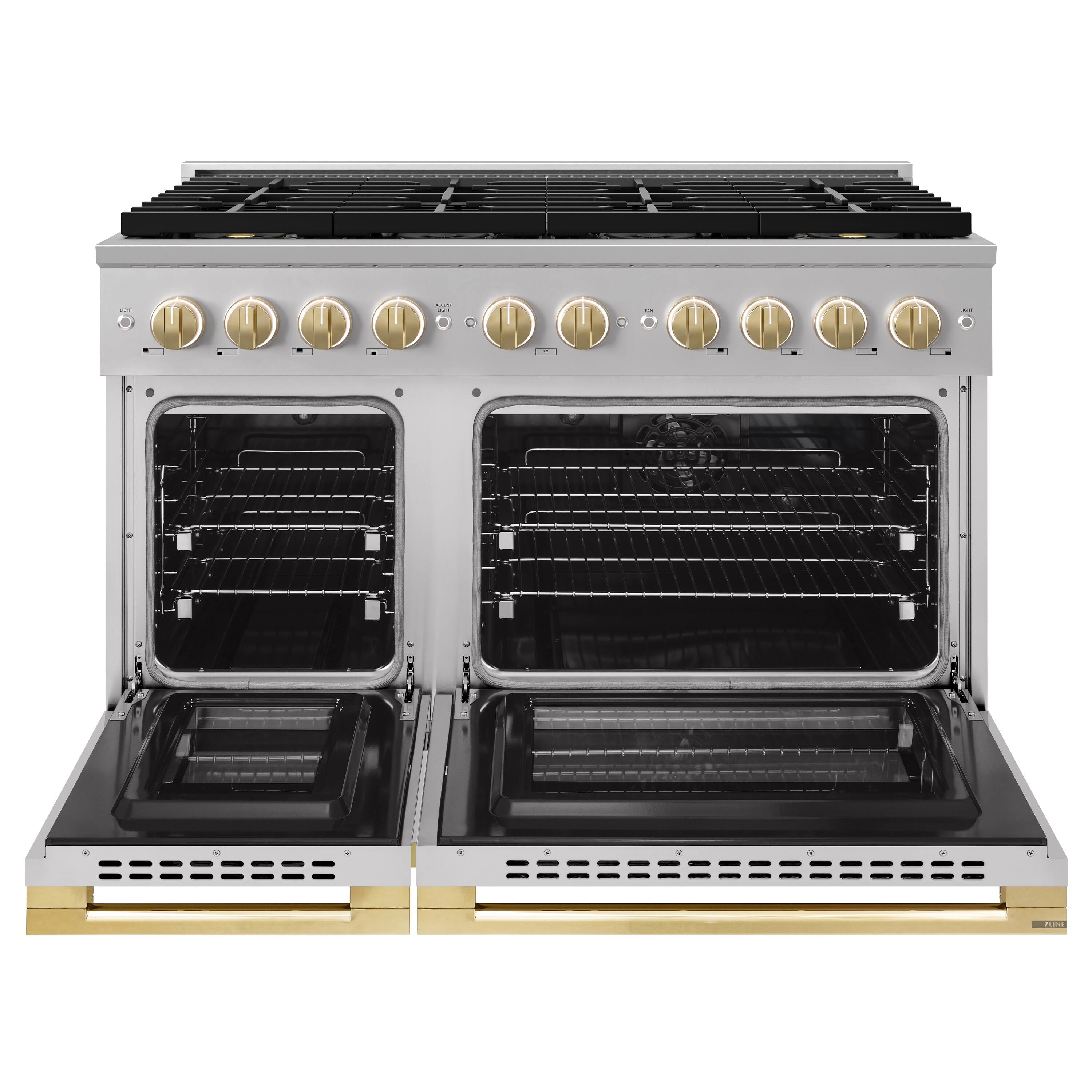 Angle. ZLINE - Autograph 48 in. 6.7 cu. ft. Marino Freestanding DuoPro Dual Fuel Range with Convection Oven & Gold Accents - Stainless Steel.