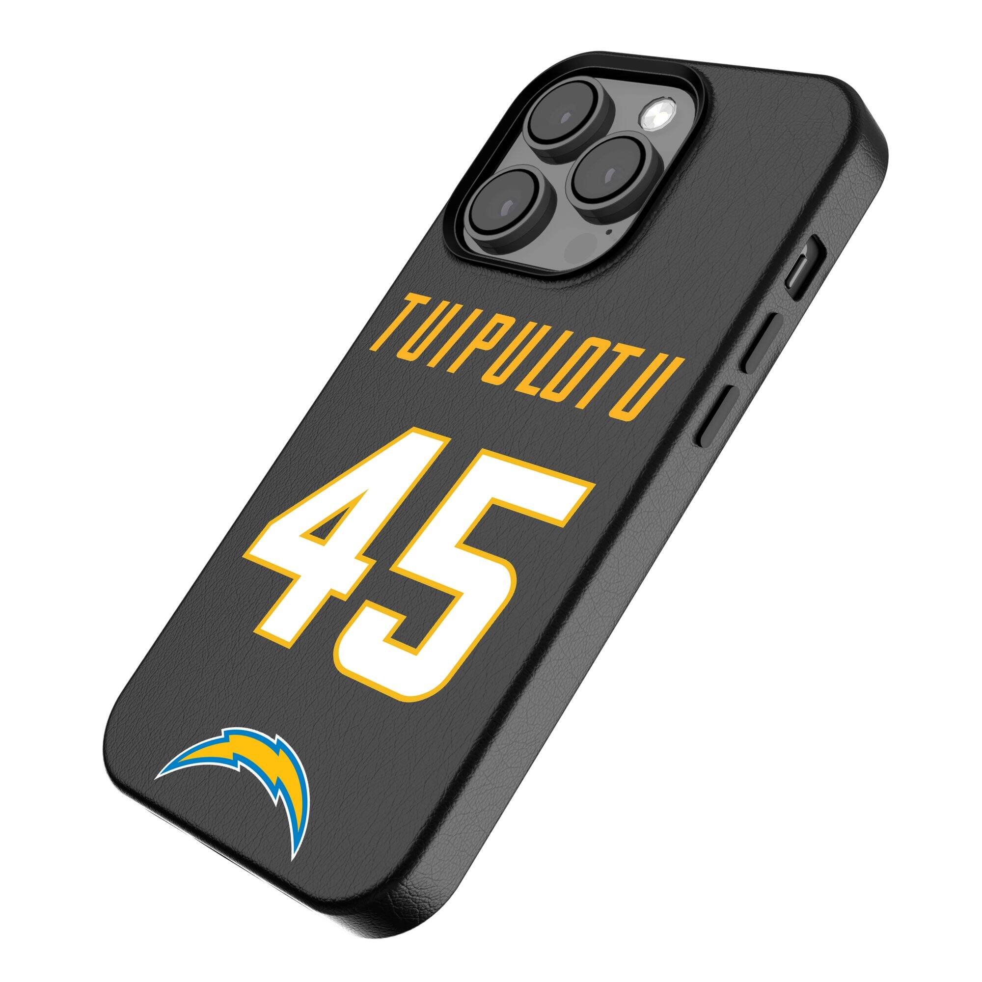 Alt View 1. Keyscaper - Tuli Tuipulotu-Black Los Angeles Chargers iPhone Magnetic Bump Case - 14 - Black.