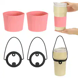 Unique Bargains - Silicone Cup Sleeve, 2pcs Coffee Sleeves with Black Handle Strap, Heat Resistant Reusable Nonslip for Coffee Tea Drinks - Pink