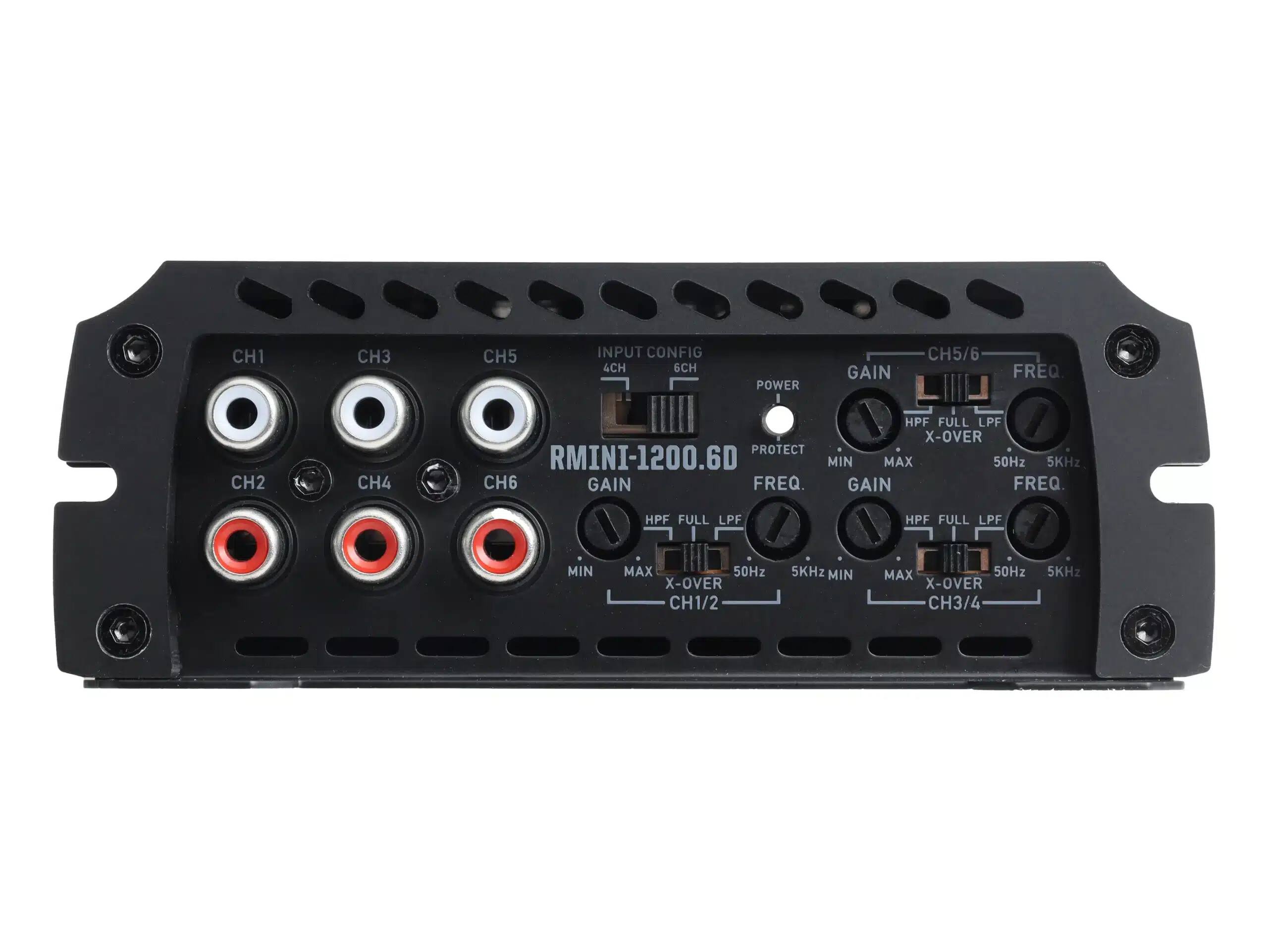 CH1 CH3 CH5 INPUT CONFIG 4CH 6CH POWER GAIN CH5/6 FREQ CH2 CH4 HPF FULL LPF X-OVER PROTECT RMINI-1200.6D MIN MAX 50Hz 5KHz CH6 GAIN FREQ. GAIN FREQ. HPF FULL LPF HPF FULL LPF MIN MAX 50Hz X-OVER CH1/2 5KHz MIN MAX 50Hz X-OVER CH3/4 5KHz