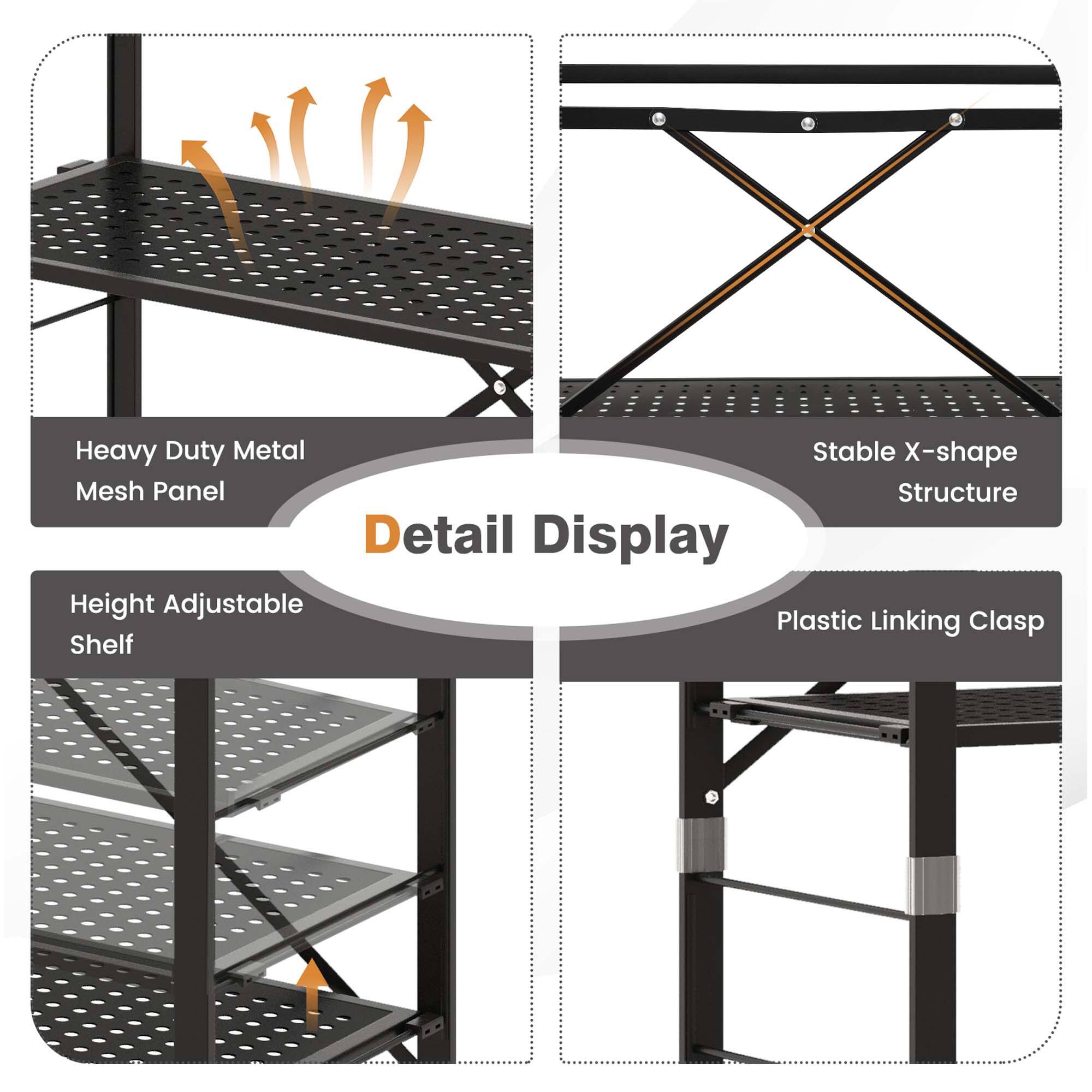 Heavy Duty Metal Mesh Panel  
Stable X-shape Structure  
Height Adjustable Shelf  
Plastic Linking Clasp  

Detail Display