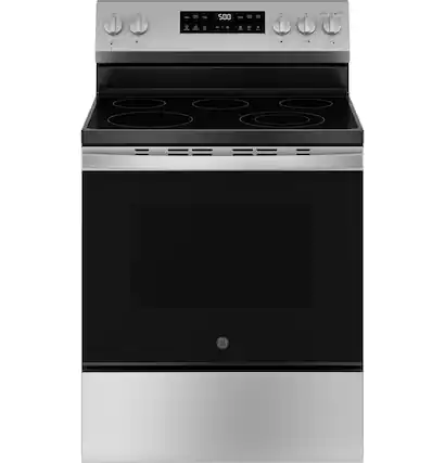 Front. GE - 5.3 Cu. Ft. Freestanding Electric Range with Crisp Mode and Express Preheat - Stainless Steel.
