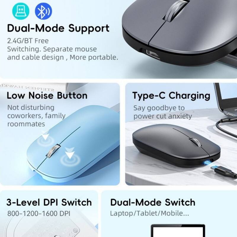 Dual-Mode Support  
2.4G/BT Free Switching. Separate mouse and cable design, More portable.  

Low Noise Button  
Not disturbing coworkers, family roommates  

Type-C Charging  
Say goodbye to power cut anxiety  

3-Level DPI Switch  
800-1200-1600 DPI  

Dual-Mode Switch  
Laptop/Tablet/Mobile...