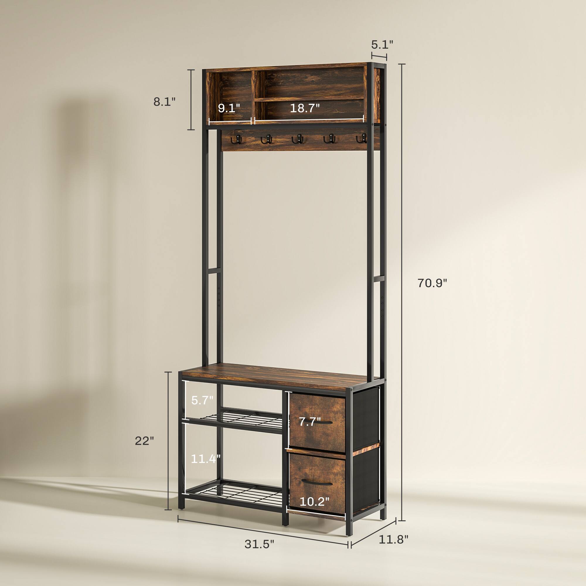 Height: 70.9"
Width: 31.5"
Depth: 22"
Top shelf: 18.7"
Middle shelf: 11.4"
Bottom shelf: 10.2"
Top drawer: 9.1"
Bottom drawer: 7.7"
Top: 8.1"
Middle: 5.7"
Bottom: 11.8"