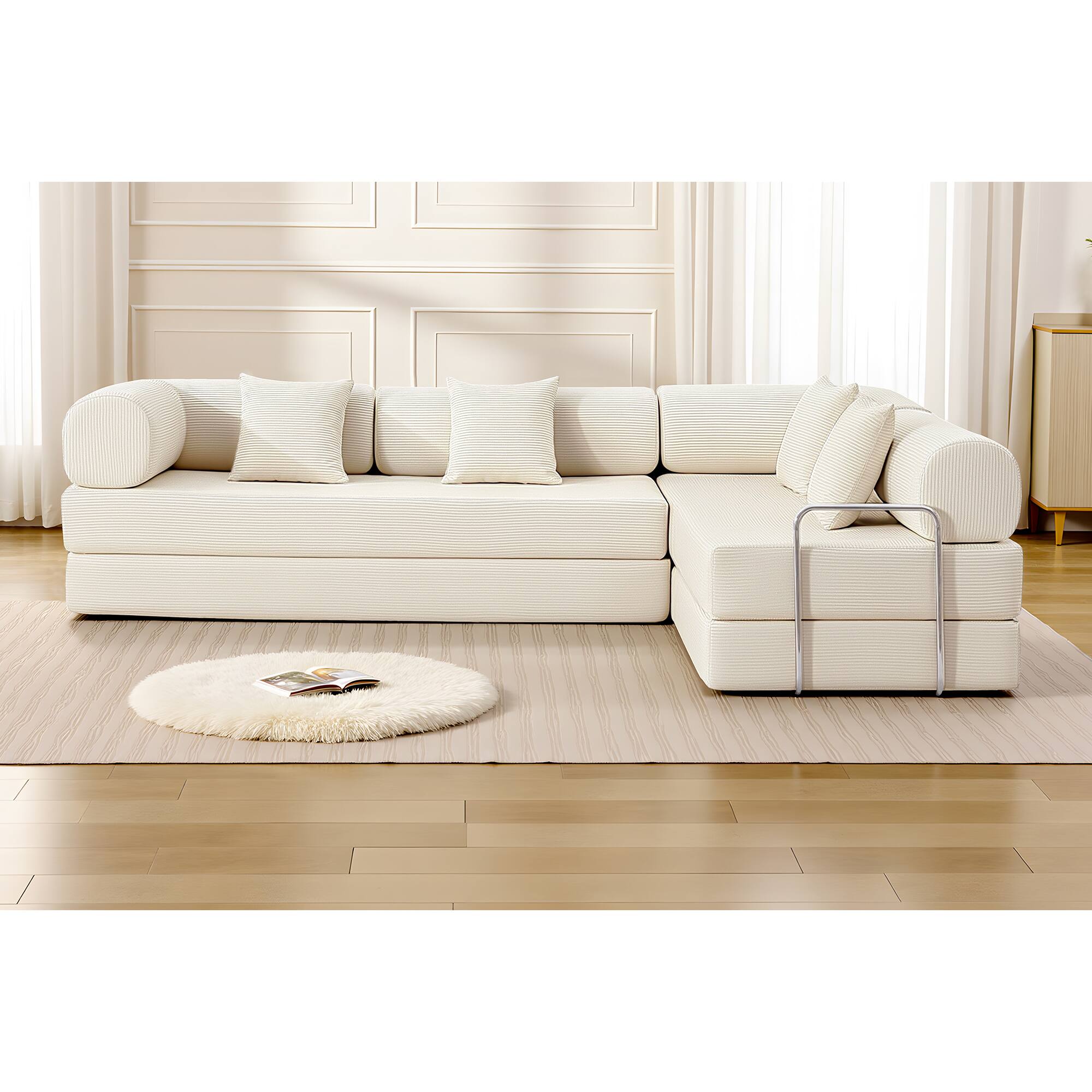 Alt View 8. KERDOM - L-Shaped Corduroy Couch Chaise Lounge, 78'' Foldable Sofa Bed 2pcs Combined, Spliced Block Modular Sectional Sponge Sofa - Beige.