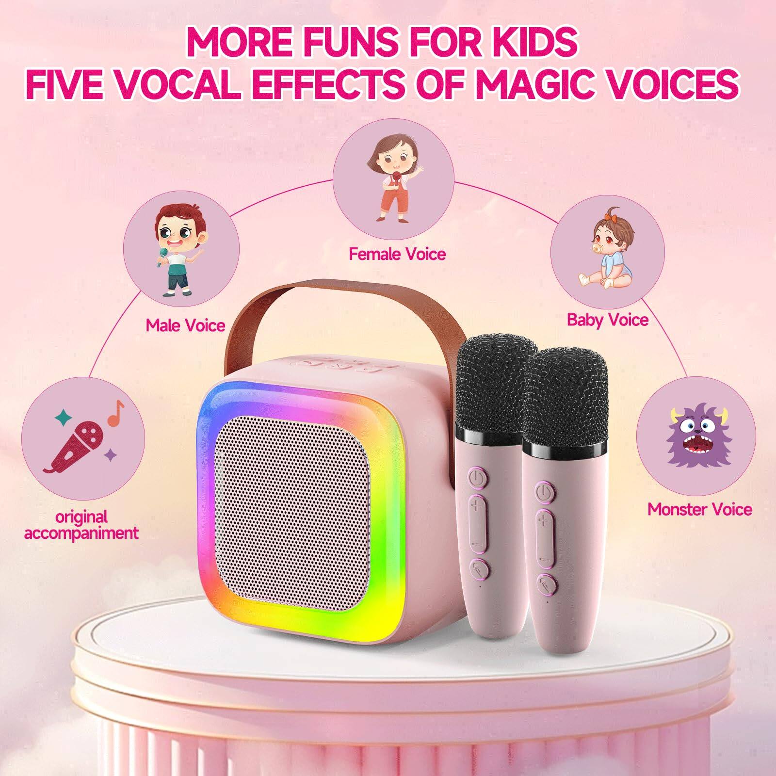 MORE FUNS FOR KIDS  
FIVE VOCAL EFFECTS OF MAGIC VOICES  

- Male Voice  
- Female Voice  
- Baby Voice  
- Monster Voice  
- original accompaniment