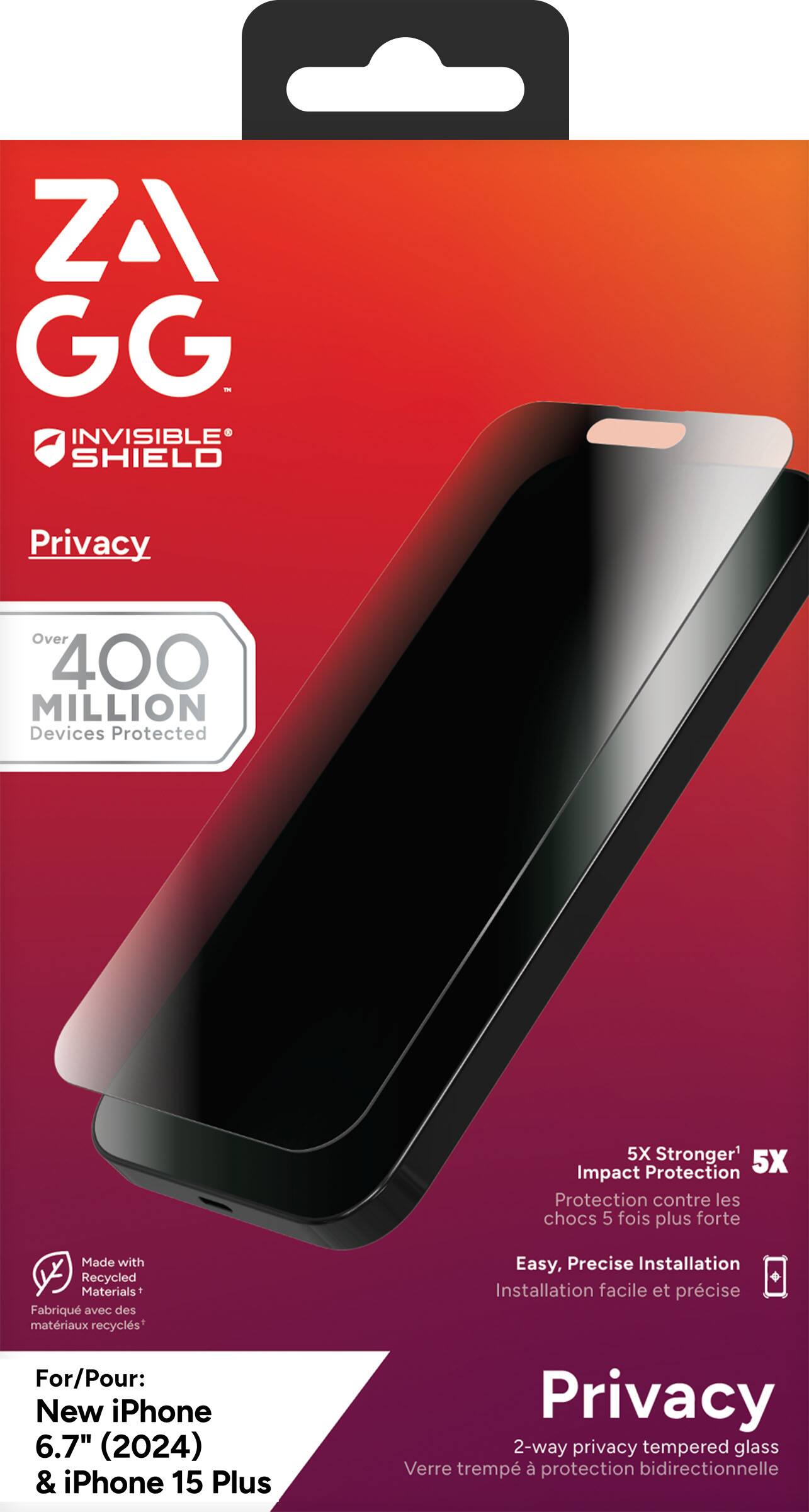 ZAGG - INVISIBLE SHIELD Privacy: Over 400 Million Devices Protected, 5X Stronger Impact Protection, 5X Protection contre les chocs, 5 fois plus forte, Made with Recycled Materials+ Fabriqu avec des matriaux recycls, For/Pour: New iPhone 6.7" (2024) & iPhone 15 Plus, Easy, Precise Installation, Privacy 2-way privacy tempered glass, Verre tremp  protection bidirectionnelle.