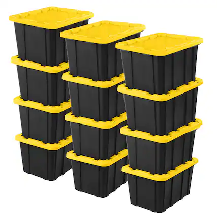 Front. Sterilite - Sterilite 27 Gallon Industrial Stackable Storage Tote Lidded Containers, 12 Pack - Black.