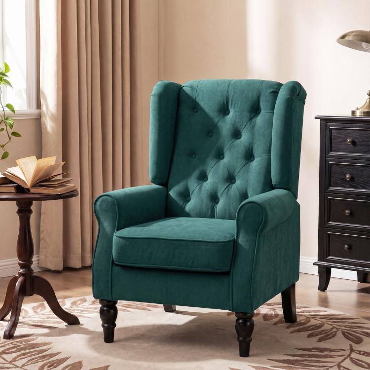Alt View 2. PULUZ - Wingback Accent Chair for Living Room, Button-Tufted Lounge Chair with Round Armrests and Wood Legs - Dark Green.