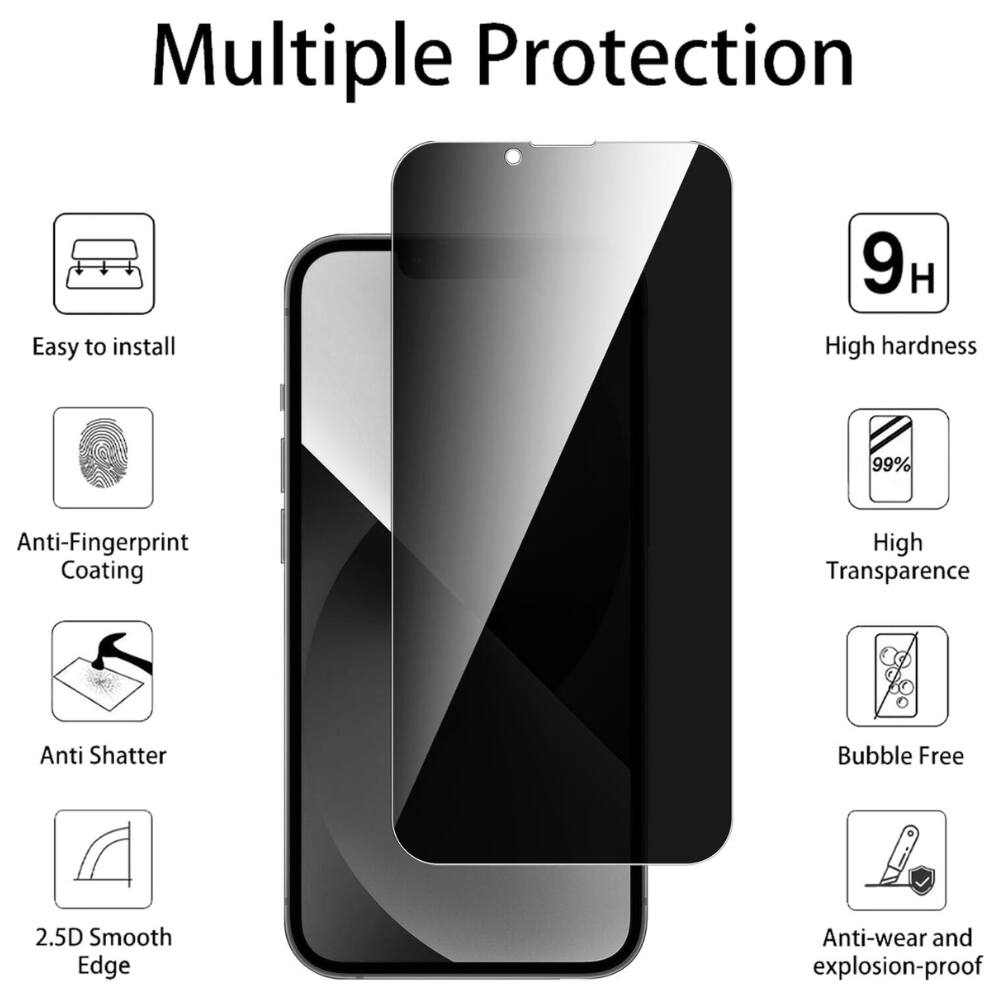 Multiple Protection, Easy to install, 9H, High hardness, 99% Anti-Fingerprint Coating, High Transparence, Anti Shatter, Bubble Free, 2.5D Smooth Edge, Anti-wear and explosion-proof