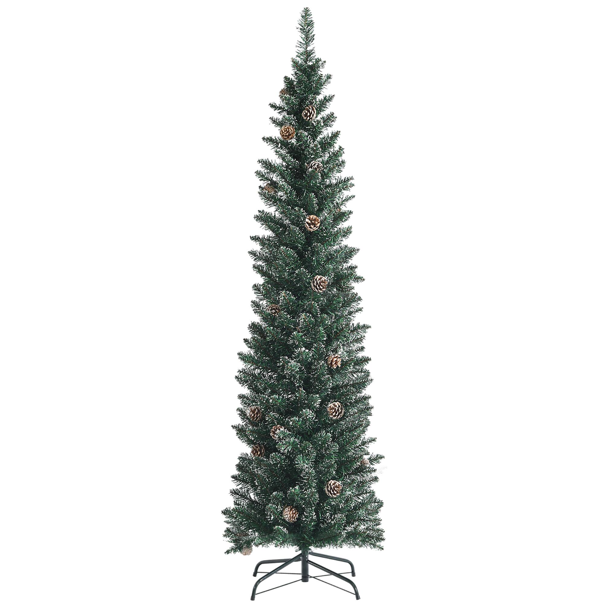 Costway - 6ft Unlit Snowy PVC Artificial Slim Christmas Pencil Tree w/Pine Cones - Green