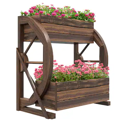 Front. Outsunny - 2-Tier Raised Garden Bed, Wooden Wagon Planter Boxes with Drainage Holes, for Vegetables Flowers Herbs, 22" x 13" x 22" - Carbonized.