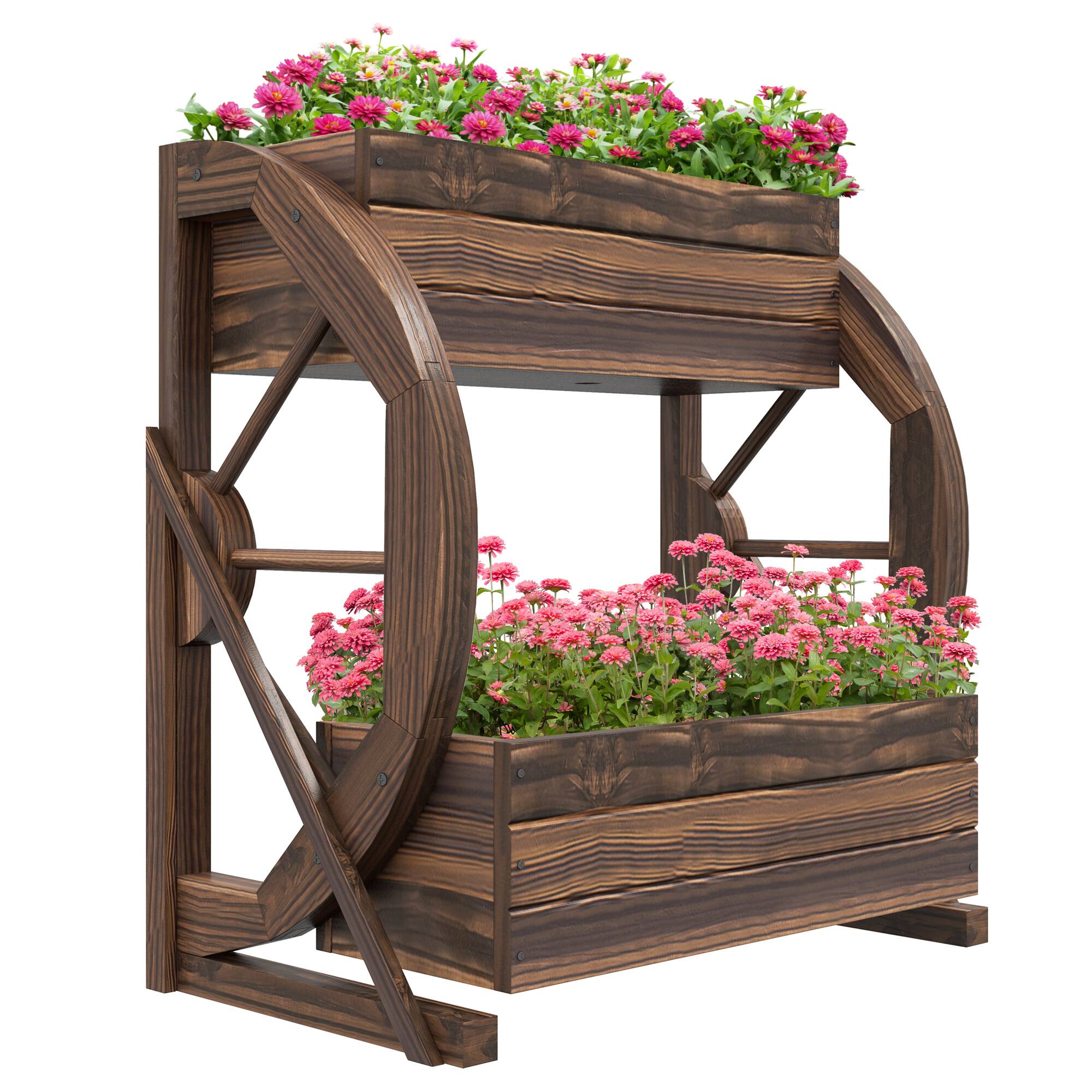 Front. Outsunny - 2-Tier Raised Garden Bed, Wooden Wagon Planter Boxes with Drainage Holes, for Vegetables Flowers Herbs, 22" x 13" x 22" - Carbonized.