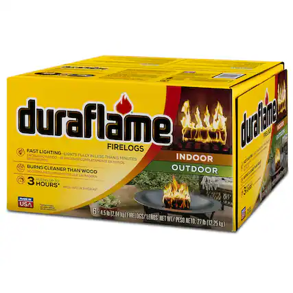 duraflame FIRELOGS
FAST LIGHTING - LIGHTS FULLY IN LESS THAN 5 MINUTES
ENCENDIDO RÁPIDO - SE ENCIEENDE COMPLETAMENTE EN MENOS DE 5 MINUTOS
BURNS CLEANER THAN WOOD
SE QUEMA MÁS LIMPIAMENTE QUE LA MADERA
BURNS UP TO 3 HOURS
ARDE HASTA 3 HORAS
MADE IN USA
6 - 4.5 lb (2.04 kg) FIRELOGS/LEÑOS
NET WT/ PESO NETO: 27 lb (12.25 kg)