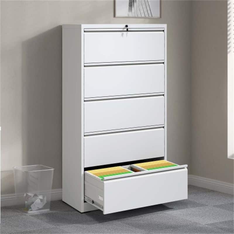HTUTWOO - 5 Drawer Metal Lateral File Cabinet – Filing Cabinet with Lock, Lockable File Cabinet for Home, Locking Metal Cabinet - White