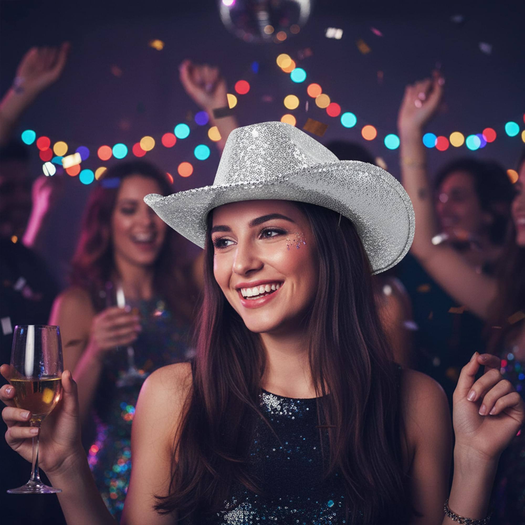 Alt View 2. Underwraps - Metallic Silver With Rhinestones Adult Costume Cowboy Hat - Silver.