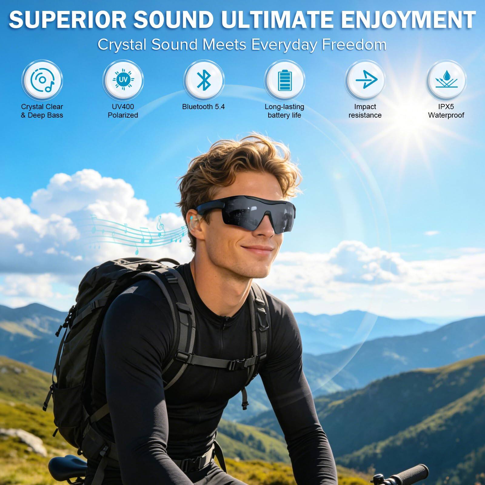 SUPERIOR SOUND ULTIMATE ENJOYMENT  
Crystal Sound Meets Everyday Freedom  

- Crystal Clear & Deep Bass  
- UV400 Polarized  
- Bluetooth 5.4  
- Long-lasting battery life  
- Impact resistance  
- IPX5 Waterproof