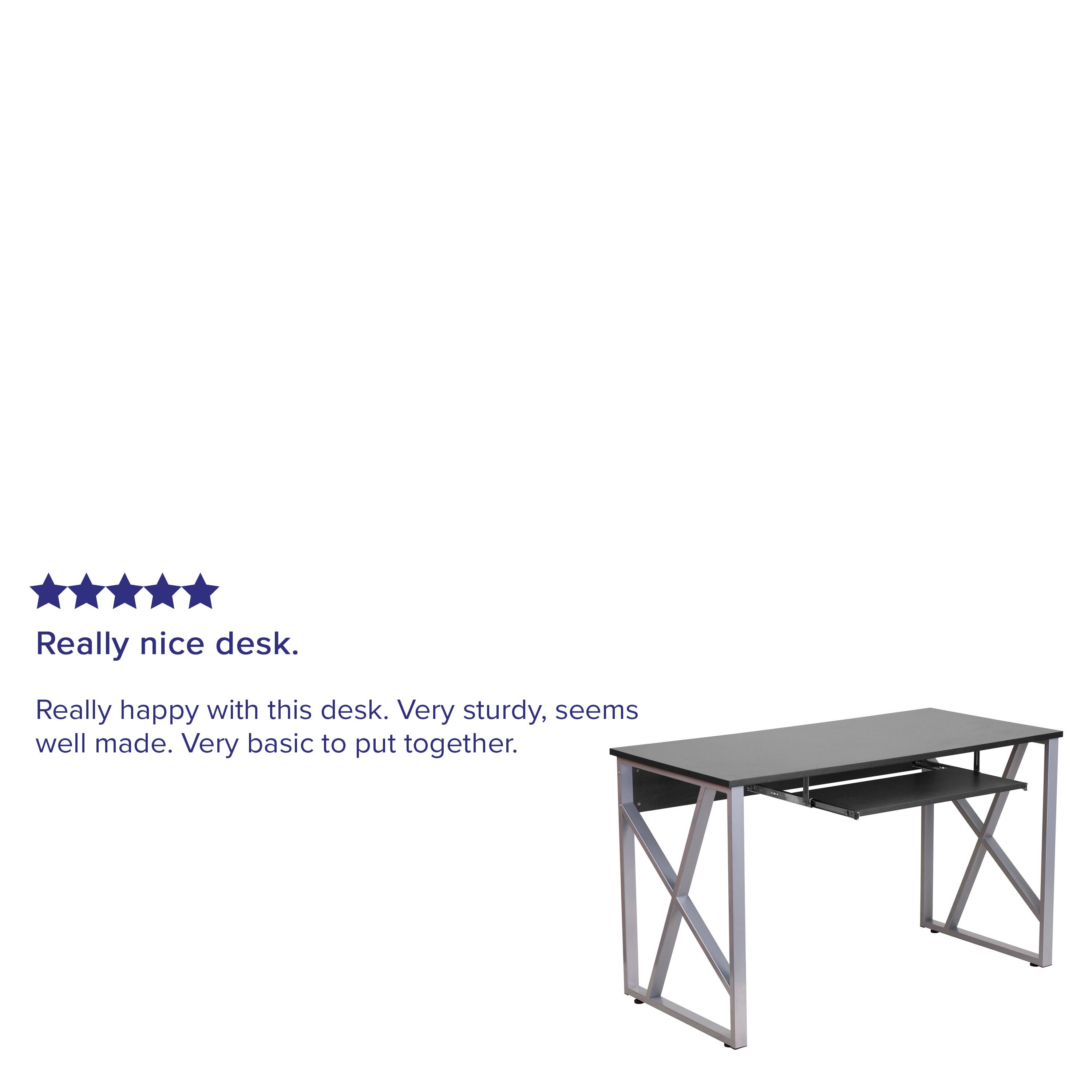 Really nice desk. Really happy with this desk. Very sturdy, seems well made. Very basic to put together.
