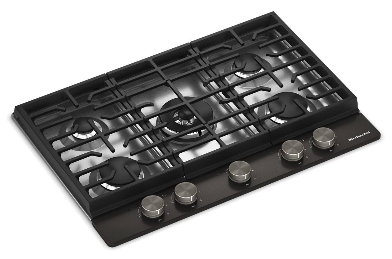 Angle. KitchenAid - 30" Gas Cooktop with 5 Burners and Integrated Wok Grate - Stainless Steel.