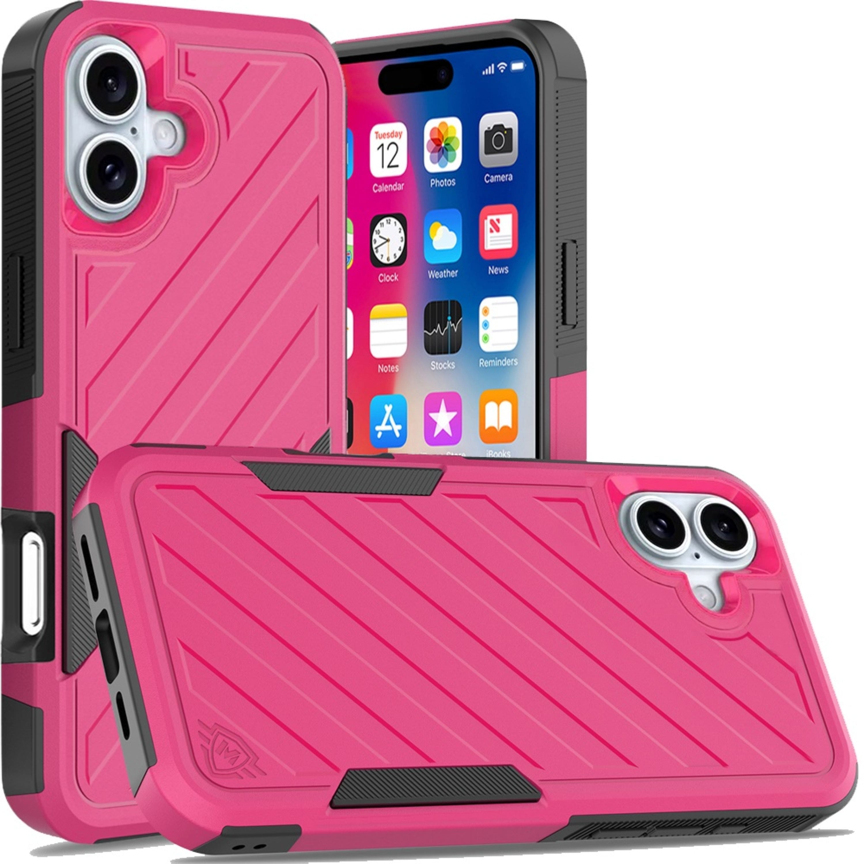 Kitcheniva - Dual Layer Shockproof Case With Tempered Glass For iPhone 16 /Black - Hot Pink