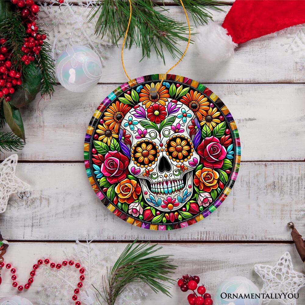 Back. OrnamentallyYou - Floral Celebration Sugar Skull Stained Glass Style Ornament Lush Blossom Christmas Gift and Decor - Multi-colored.