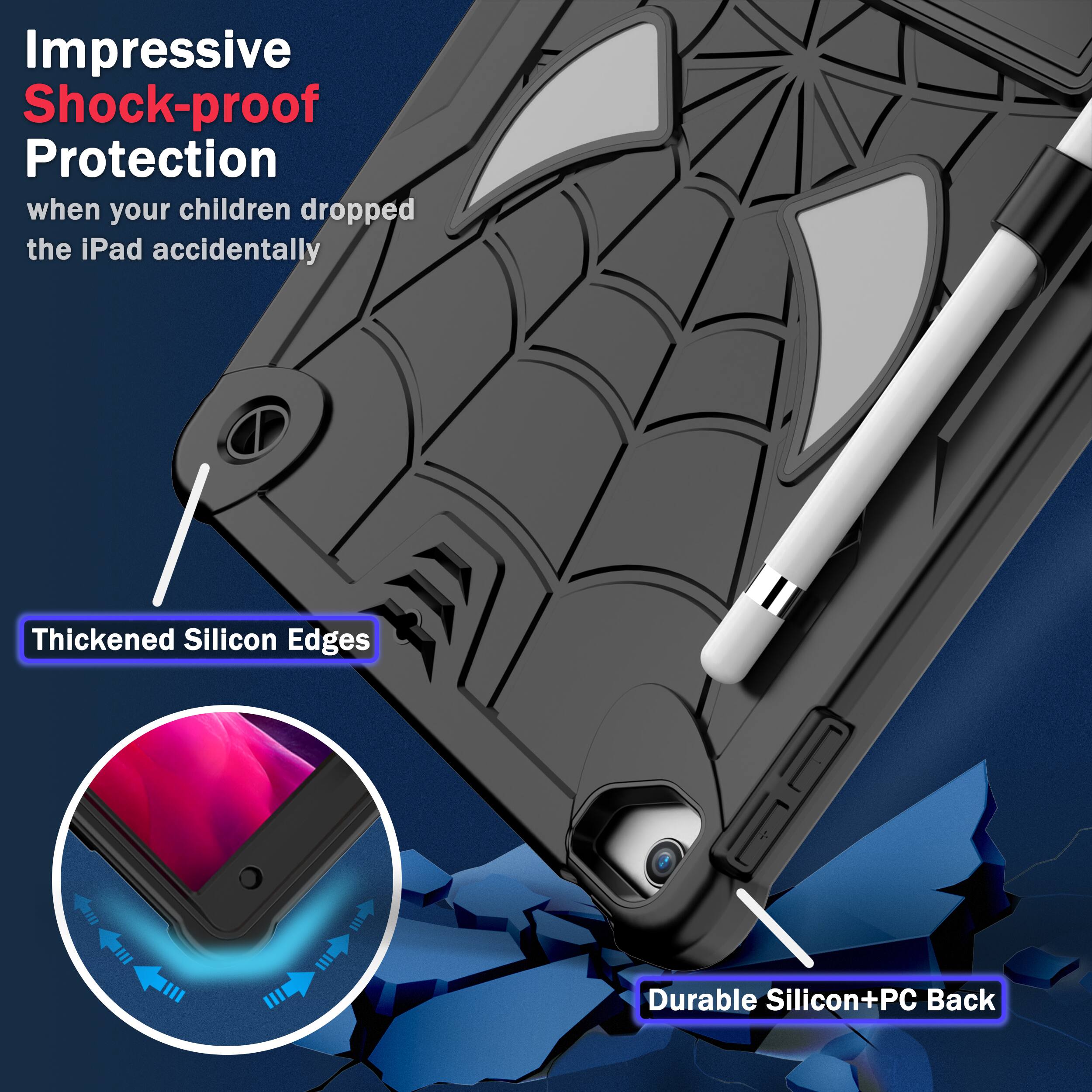 Impressive Shock-proof Protection when your children dropped the iPad accidentally

Thickened Silicon Edges

Durable Silicon+PC Back