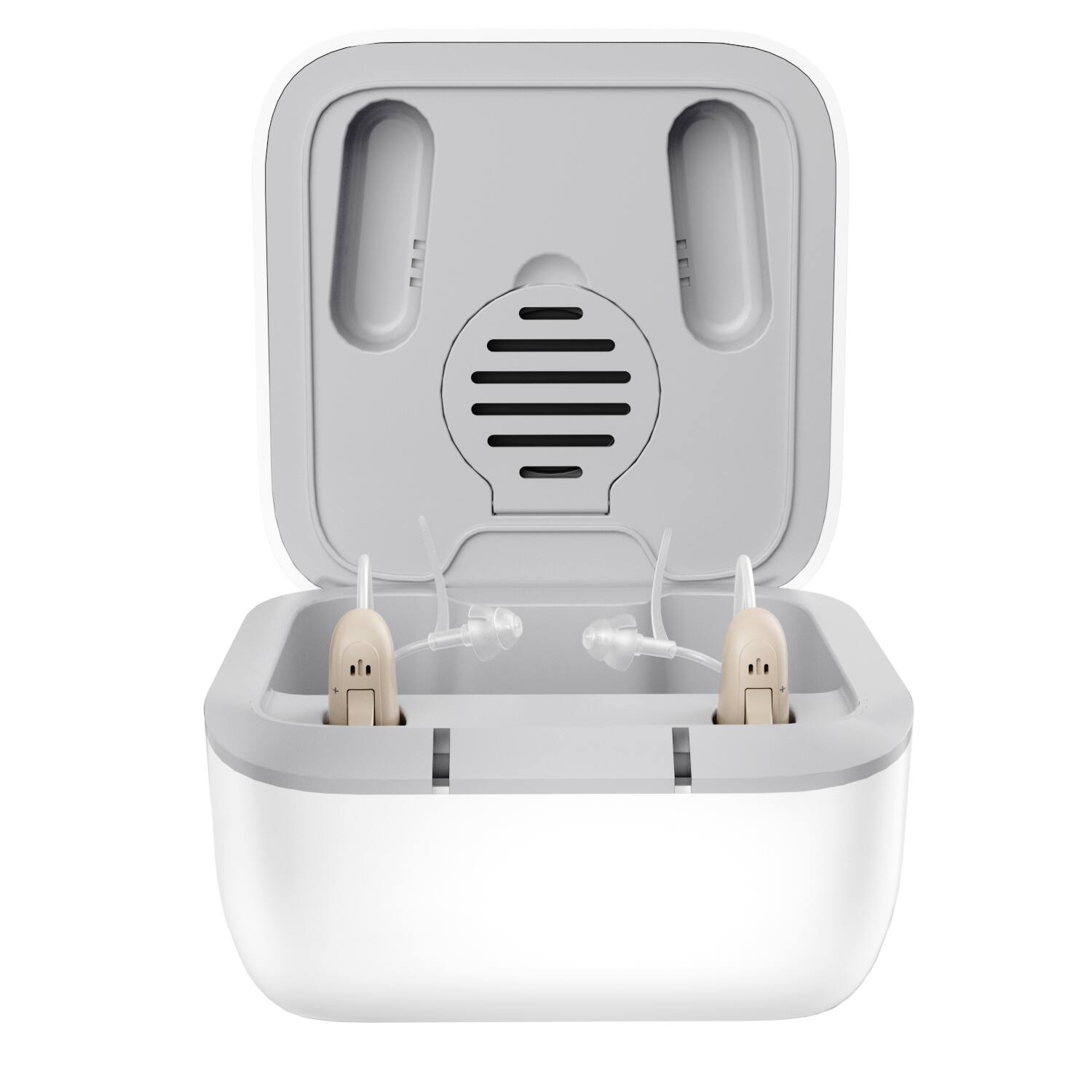 Left. Ceretone - Solid Rechargeable OTC Hearing Aids – Natural Sound, Noise Reduction, Comfortable BTE Fit, Portable Charging Case - Beige.