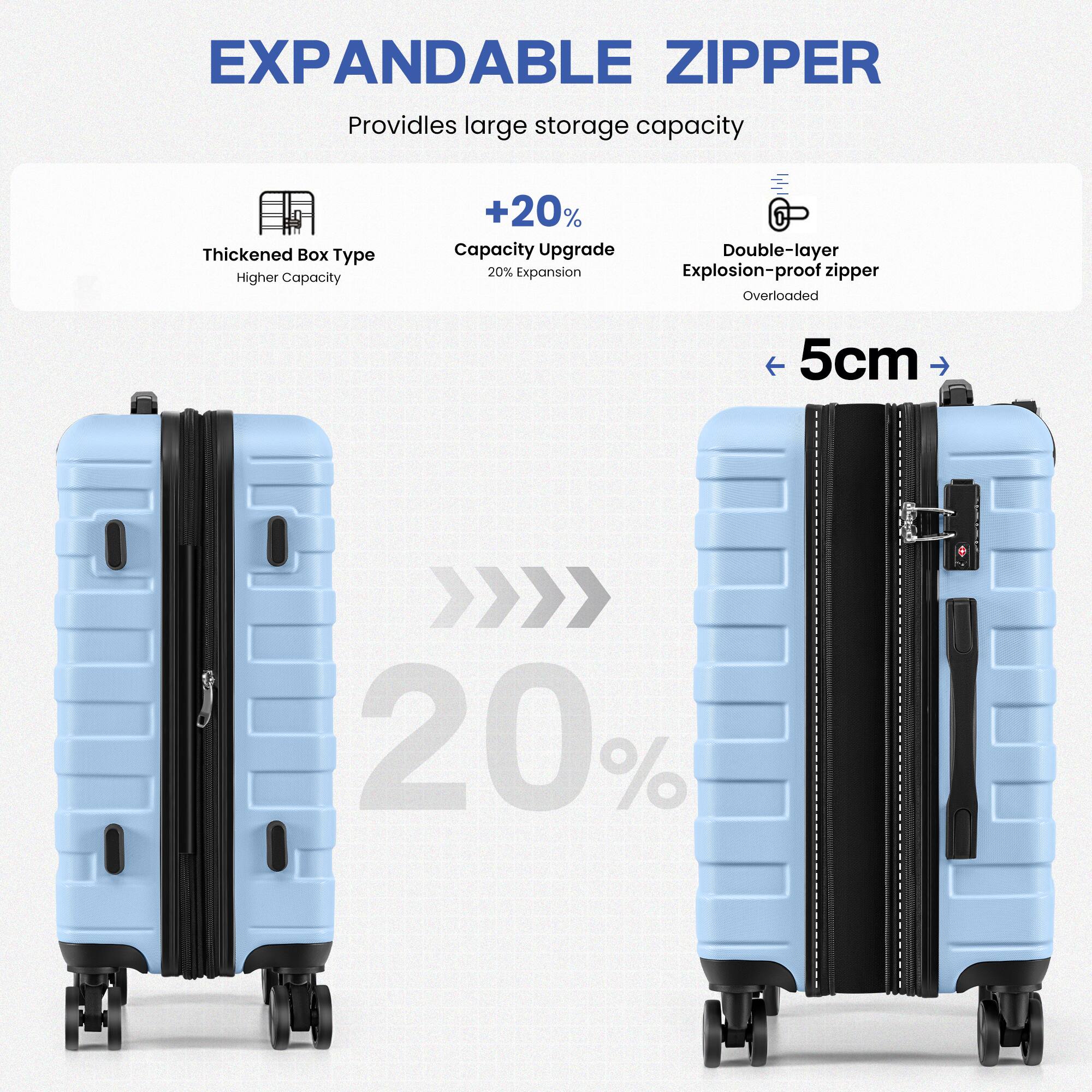 EXPANDABLE ZIPPER  
Provides large storage capacity  

Thickened Box Type  
Higher Capacity  

+20% Capacity Upgrade  
20% Expansion  

Double-layer Explosion-proof zipper  
Overloaded  

5cm  

20%