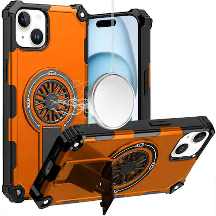 Front. Kitcheniva - Rugged Magnetic Circle Pop-Out Stand Phone Case With 2 Pcs Tempered Glass For iPhone 15 Plus - Orange.