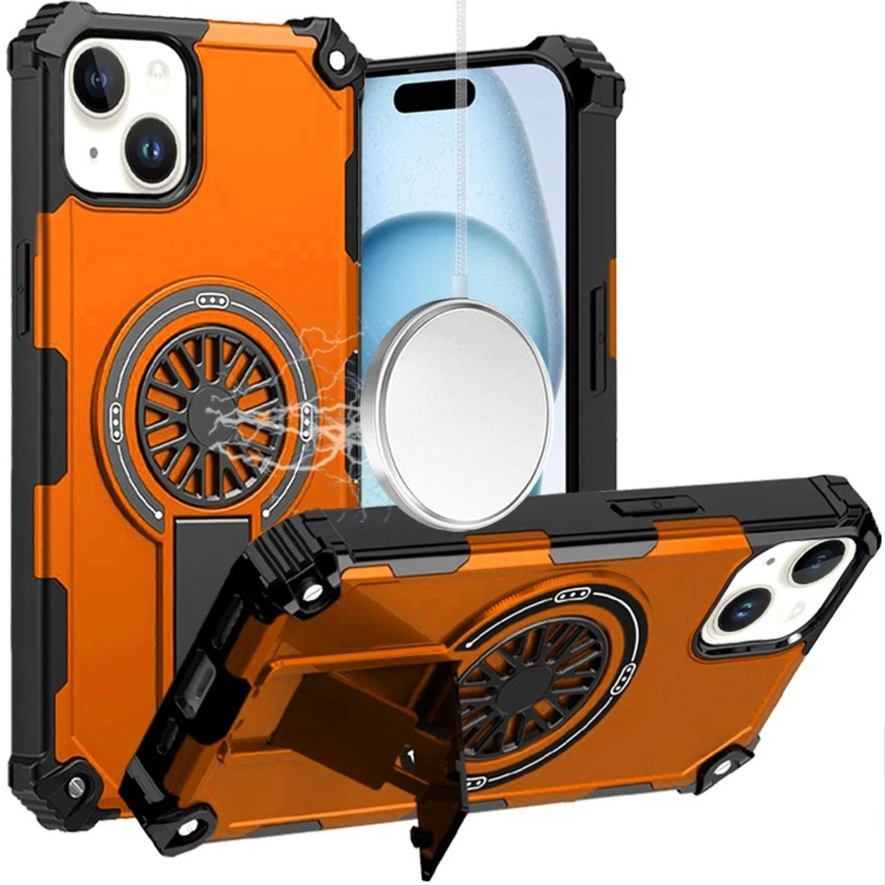 Front. Kitcheniva - Rugged Magnetic Circle Pop-Out Stand Phone Case With 2 Pcs Tempered Glass For iPhone 15 Plus - Orange.