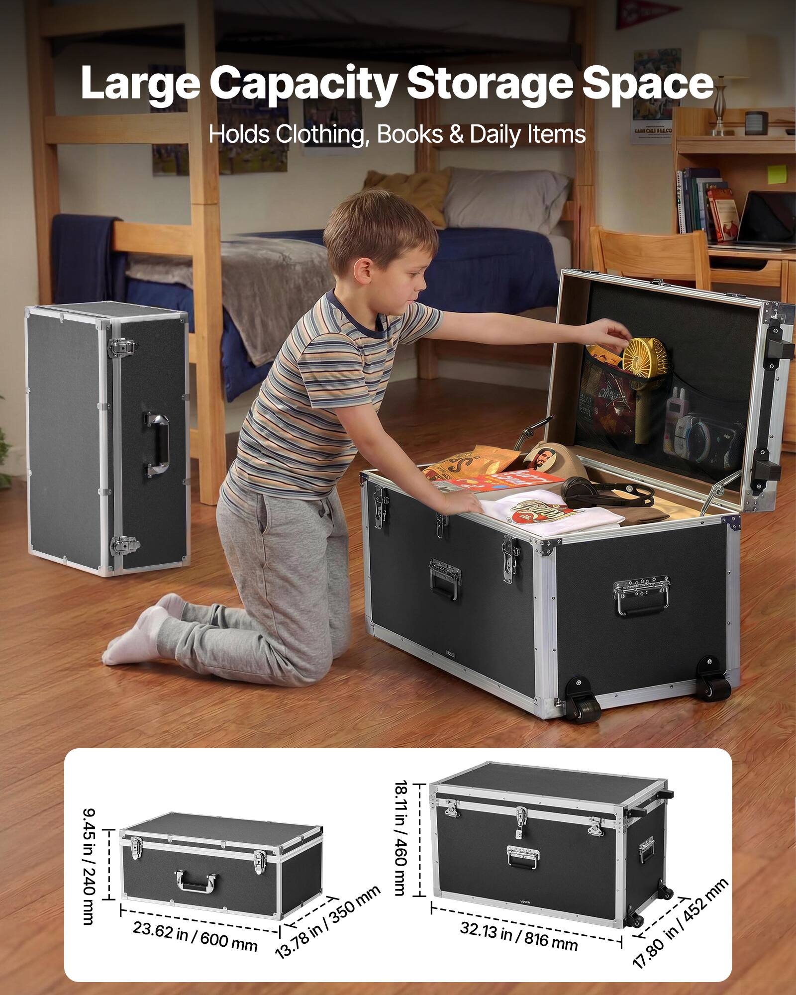 Large Capacity Storage Space  
Holds Clothing, Books & Daily Items  

Dimensions:  
- 9.45 in / 240 mm  
- 23.62 in / 600 mm  
- 13.78 in / 350 mm  
- 32.13 in / 816 mm  
- 17.80 in / 452 mm  
- 18.11 in / 460 mm