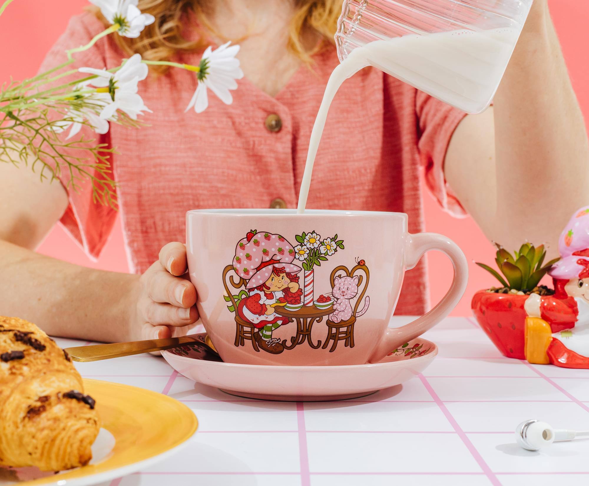 Alt View 3. Silver Buffalo - Strawberry Shortcake Tea Party Ceramic Teacup and Saucer Set | Holds 22 Ounces - Pink.