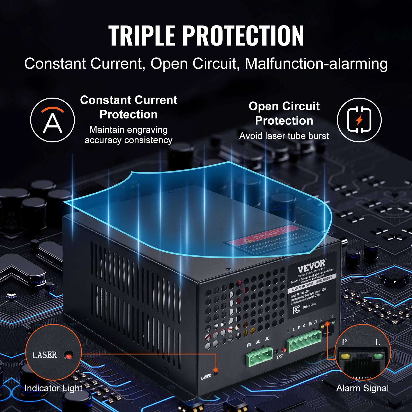 TRIPLE PROTECTION  
Constant Current, Open Circuit, Malfunction-alarming  

Constant Current Protection  
Maintain engraving accuracy consistency  

Open Circuit Protection  
Avoid laser tube burst  

LASER  
Indicator Light  

Alarm Signal  

VEVOR  
Technical Data and Operating Instructions  
LASER POWER SUPPLY  
Model: ACT-1000  
Input: AC 100-240V 50/60Hz  
Output: 1000W  
Constant Current Control  
Indicator Light  
Alarm Signal  

PG AC  
HLP INS P  
TEST  

LASER  
DANGER  
Laser beam is hazardous  
Do not look directly into the beam