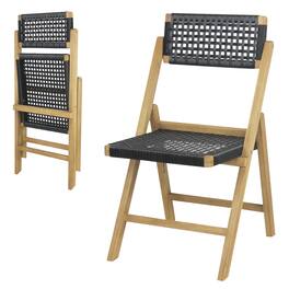 Gymax - 2PCS Folding Chairs w/ Woven Rope Seat & High Back Indonesia Teak Patio - Natural, Black