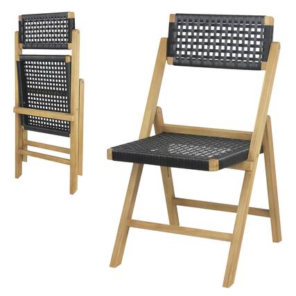 Front. Gymax - Gymax 2PCS Folding Chairs w/ Woven Rope Seat & High Back Indonesia Teak Patio - Natural, Black.